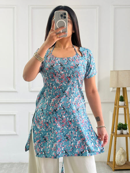 Teal Multi-Floral Cambric Cotton Kurti with Corset Back