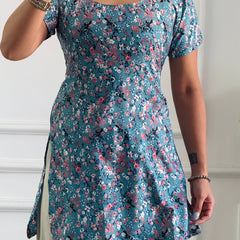 Teal Multi-Floral Cambric Cotton Kurti with Corset Back