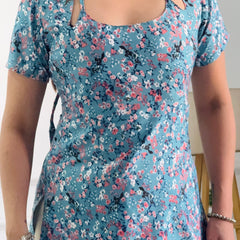 Teal Multi-Floral Cambric Cotton Kurti with Corset Back