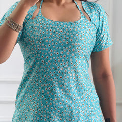 Aqua Daisy Print Cambric Cotton Kurti with Corset Back