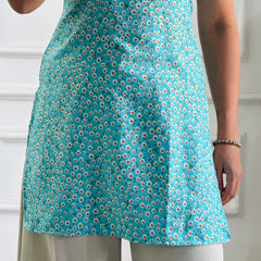 Aqua Daisy Print Cambric Cotton Kurti with Corset Back