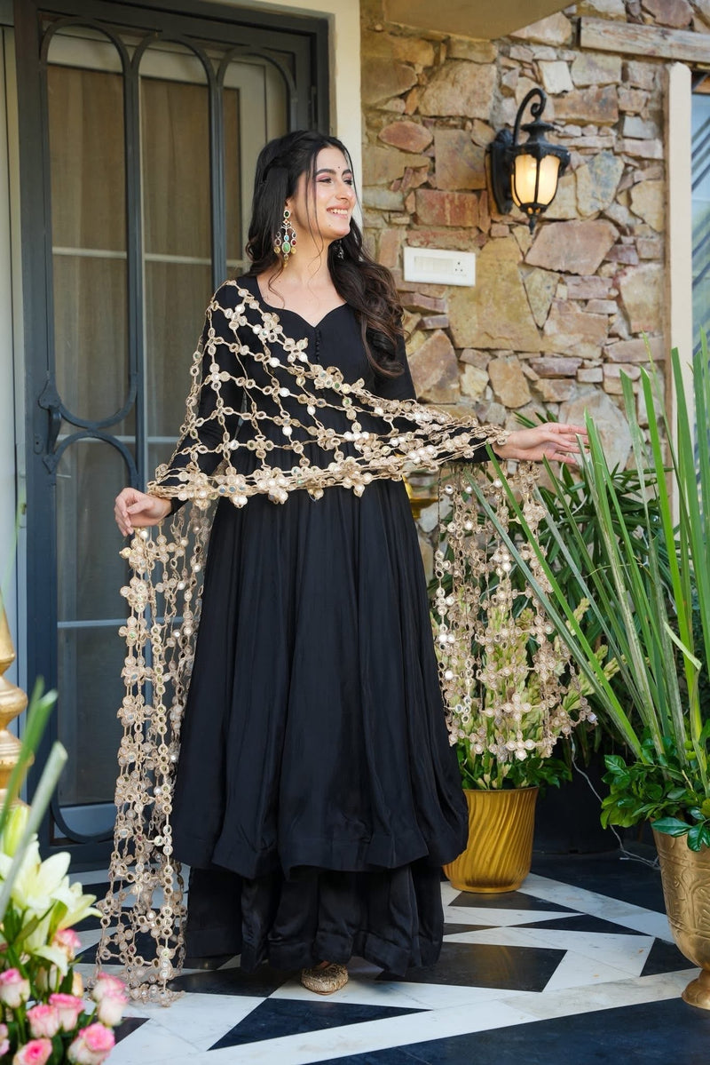 Elegant Black Kurti Palazzo Set with Statement Mirror Work Dupatta