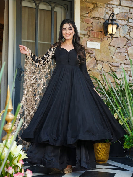 Elegant Black Kurti Palazzo Set with Statement Mirror Work Dupatta