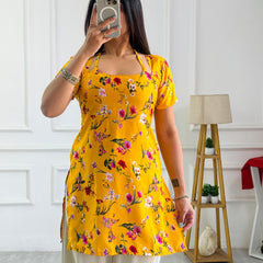 Bright Yellow Floral Cambric Cotton Kurti with Corset Back