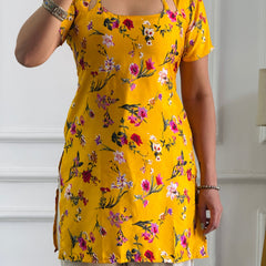Bright Yellow Floral Cambric Cotton Kurti with Corset Back