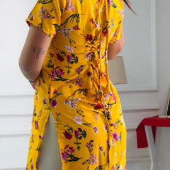 Bright Yellow Floral Cambric Cotton Kurti with Corset Back
