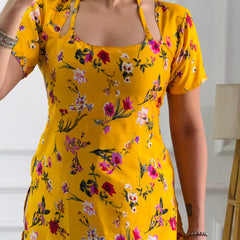 Bright Yellow Floral Cambric Cotton Kurti with Corset Back
