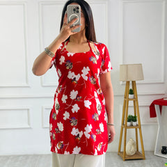 Bold Red Floral Cambric Cotton Kurti with Lace-Up Detail