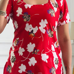 Bold Red Floral Cambric Cotton Kurti with Lace-Up Detail