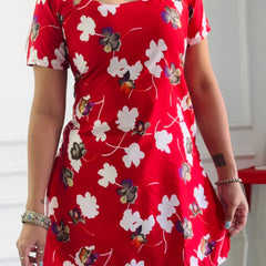 Bold Red Floral Cambric Cotton Kurti with Lace-Up Detail