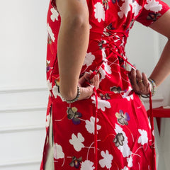 Bold Red Floral Cambric Cotton Kurti with Lace-Up Detail