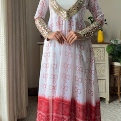 White & Red Faux Georgette Kurti Set with Mirror Work | 3-Piece Festive Wear