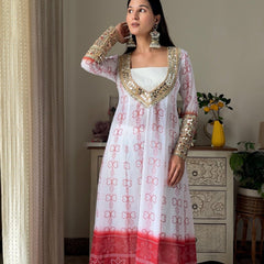 White & Red Faux Georgette Kurti Set with Mirror Work | 3-Piece Festive Wear