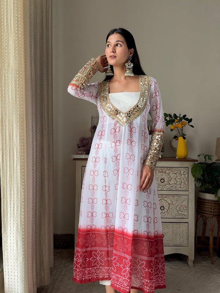 White & Red Faux Georgette Kurti Set with Mirror Work | 3-Piece Festive Wear