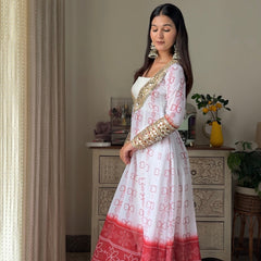 White & Red Faux Georgette Kurti Set with Mirror Work | 3-Piece Festive Wear