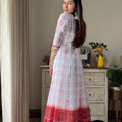 White & Red Faux Georgette Kurti Set with Mirror Work | 3-Piece Festive Wear