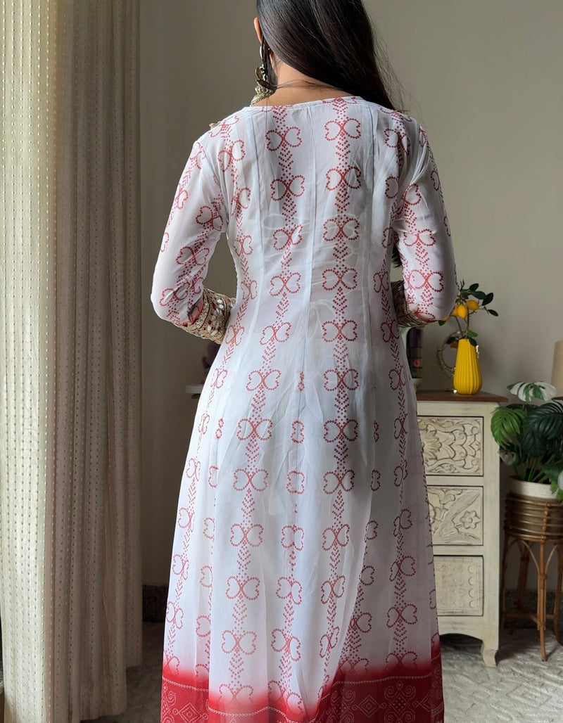 White & Red Faux Georgette Kurti Set with Mirror Work | 3-Piece Festive Wear