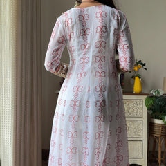 White & Red Faux Georgette Kurti Set with Mirror Work | 3-Piece Festive Wear