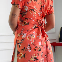 Coral Orange Floral Print Kurti with Adjustable Lace-Up Detail