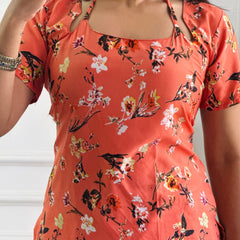 Coral Orange Floral Print Kurti with Adjustable Lace-Up Detail