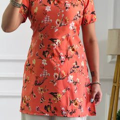 Coral Orange Floral Print Kurti with Adjustable Lace-Up Detail
