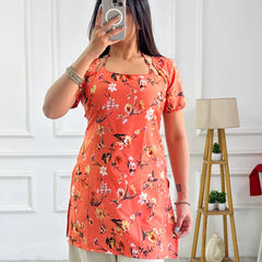 Coral Orange Floral Print Kurti with Adjustable Lace-Up Detail