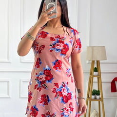 Aarvi Cambric Peach Floral Short Kurti with Square Neck & Back Lace-Up Detail