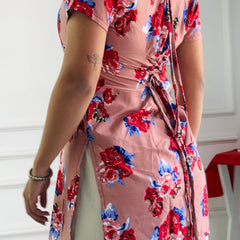 Aarvi Cambric Peach Floral Short Kurti with Square Neck & Back Lace-Up Detail