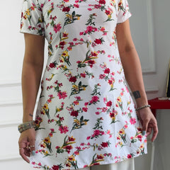 White Base Floral Print Cambric Cotton Kurti with Corset Back