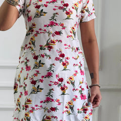 White Base Floral Print Cambric Cotton Kurti with Corset Back
