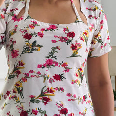 White Base Floral Print Cambric Cotton Kurti with Corset Back