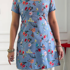 Dusty Blue Multi-Floral Cambric Cotton Kurti with Corset Back