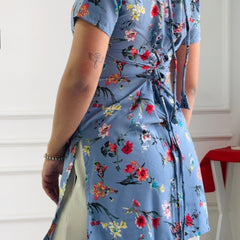 Dusty Blue Multi-Floral Cambric Cotton Kurti with Corset Back
