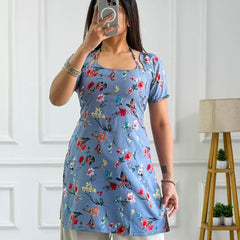Dusty Blue Multi-Floral Cambric Cotton Kurti with Corset Back