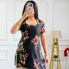 Burgundy & Black Floral Tunic with Adjustable Corset Back
