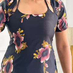 Burgundy & Black Floral Tunic with Adjustable Corset Back