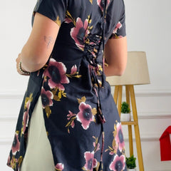 Burgundy & Black Floral Tunic with Adjustable Corset Back