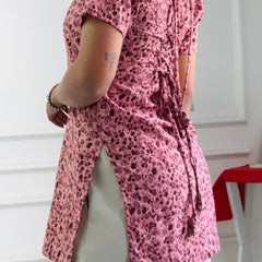 Dusty Pink Micro Floral Cambric Cotton Kurti with Corset Back