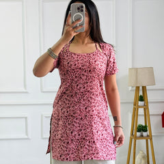 Dusty Pink Micro Floral Cambric Cotton Kurti with Corset Back