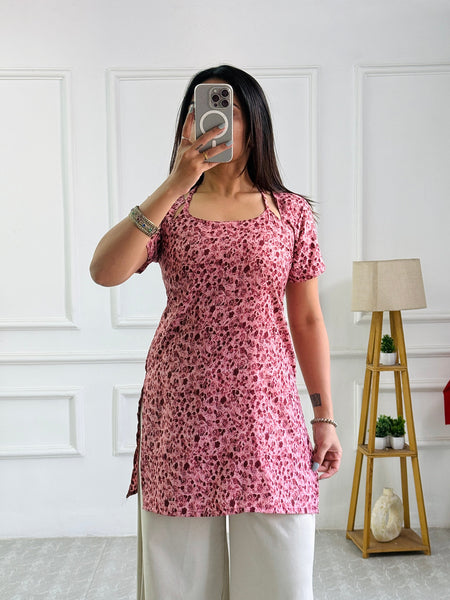 Dusty Pink Micro Floral Cambric Cotton Kurti with Corset Back
