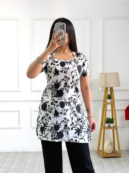 Classic Black & White Floral Multi-Wear Tunic - Adjustable Fit
