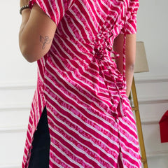 Festive Pink & White Stripe Multi-Wear Kurti - Adjustable Fit