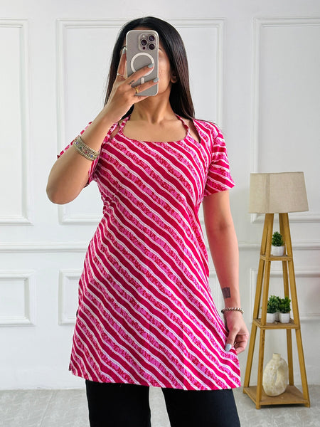 Festive Pink & White Stripe Multi-Wear Kurti - Adjustable Fit