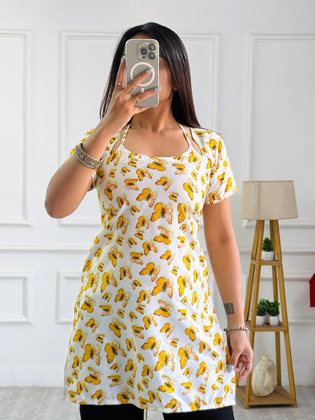 Butterfly Print Cambric Cotton Kurti with Corset Back