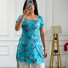 Aqua Blue Floral Print Cambric Cotton Kurti with Corset Back