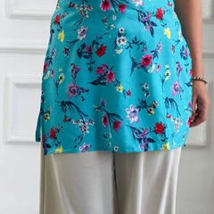 Aqua Blue Floral Print Cambric Cotton Kurti with Corset Back