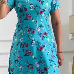Aqua Blue Floral Print Cambric Cotton Kurti with Corset Back