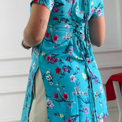 Aqua Blue Floral Print Cambric Cotton Kurti with Corset Back