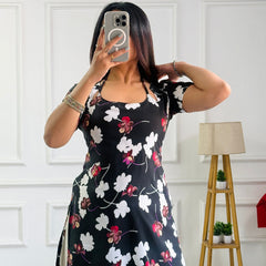 Statement Black Floral Tunic with Adjustable Corset Back