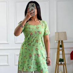 Lime Green Floral Cambric Cotton Kurti with Corset Back